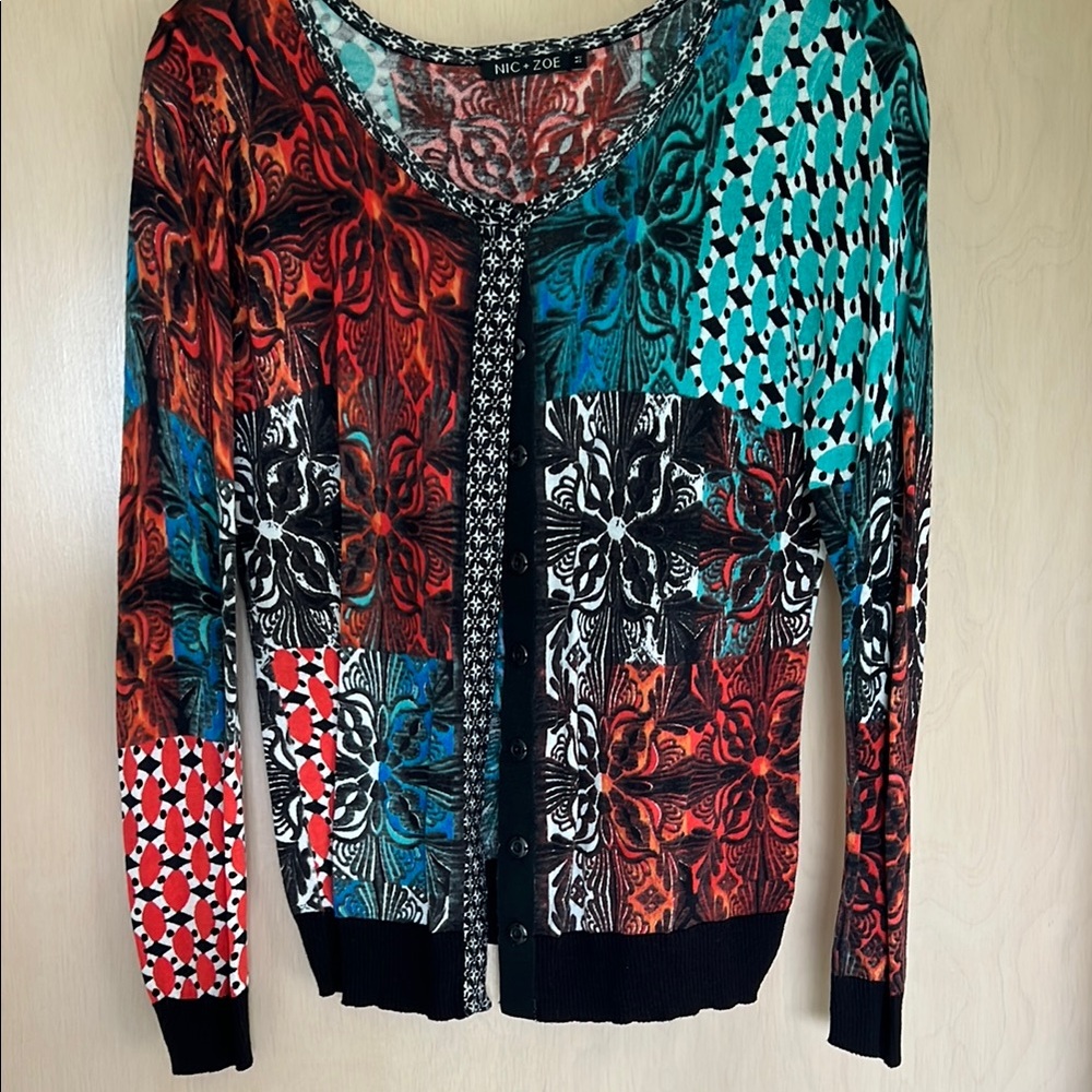 NIC+ZOE Red and Blue Artistic Cardigan Sweater